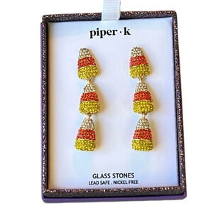 PIPER K Halloween Linear Triple Candy Corn Dangle Drop Crystal Earrings NEW NWT